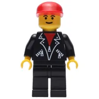 Man, Open Black Jacket over Red Shirt, Black Legs, Red Cap