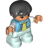 Duplo Figure Child, Hair Combed Forward with Curl Black, Light Aqua Legs, Bright Light Yellow Under Shirt, Jacket Print