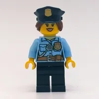Policewoman, Bright Light Blue Shirt with Radio and Badge, Dark Blue Legs, Police Hat with Badge, Open Mouth