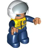 Duplo Figure with Helmet with Open Visor, White Helmet, Police, Dark Blue Legs & Jumpsuit with Yellow Vest