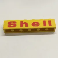 Brick 1 x 6 with Bottom Tubes and 2 Lowered Cross Supports with 'Shell' Rounded 'e', Red Print