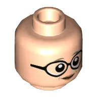 Minifig Head Sybill Trelawney, Dark Tan Eyebrows, Large Round Glasses, Peach Lips, Closed Mouth Print