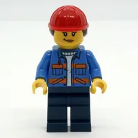 Construction Worker, Blue Safety Jacket, Dark Blue Legs, Red Hard Hat with Hair