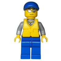 Coast Guard, Light Bluish Gray Shirt with Badge, Blue Cap, Yellow Life Vest, Silver Sunglasses