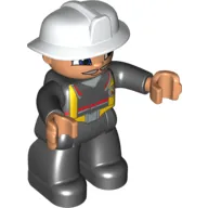 Duplo Figure with Fireman Helmet White, and Gray Mustache, Black Hands
