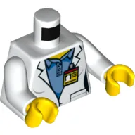 Torso Lab Coat over Medium Blue Shirt, ID Badge / Space Shuttle Logo on Back Print, White Arms, Yellow Hands