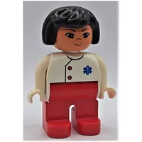 Duplo Figure, Early, Hair Bob Black, Red Legs, Two Red Buttons and Blue EMT Star of Life Print
