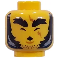 Minifig Head, Thick Black Eyebrows, Sideburns, Stubbled Beard, Scar Across Eye, Mean Stare, Crooked Mouth with Fang / Closed Eyes, Whistling