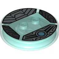 Function Brick Round 4 x 4 x 2/3 with 2 Studs and Silver Armor with Scales and Blue Circle print