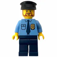 Policeman, Medium Blue Shirt with Badge and Tie, Dark Blue Legs, Black Hat, Beard
