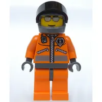 Coast Guard, Orange Jumpsuit with Zipper, Radio, and Badge, Dark Gray Hands, Dark Bluish Gray Helmet with Visor, Silver Sunglasses