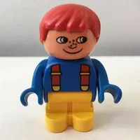 Duplo Figure, Early with Joined Legs Yellow, Blue Top with Red Suspenders, Red Hair, Freckles, White in Eyes Print