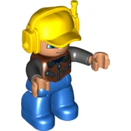 Duplo Figure with Headset and Cap Yellow, with Blue Legs, Brown Vest with Zippers over Black Shirt, Blue Crescent Eyes