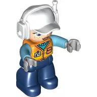 Duplo Figure with Headset and Cap White, Dark Blue Legs, Safety Vest, Light Nougat Face Print