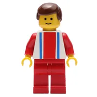 Man, White Top with Large Red Stripe and 2 Blue Stripes, Red Legs, Brown Hair (3626a Head)