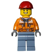 Construction Worker, Safety Jacket over Hoodie with Belt, Sand Blue Legs, Red Hard Hat