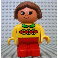 Duplo Figure, Early with Joined Legs Red, with Red and Green Geometric Print, Green Collar, and Brown Hair
