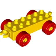 Duplo Car Base 2 x 6 with Fake Bolts, Open Hitch End and Red Wheels
