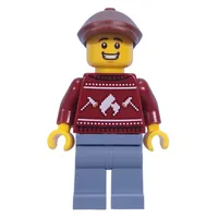 Dark Red Sweater, Sand Blue Legs, Reddish Brown Cap
