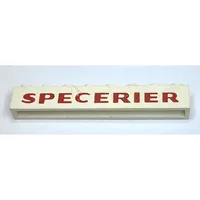 Brick 1 x 8 without Bottom Tubes with Cross Side Supports with 'SPECERIER' Dark Red Print