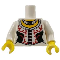 Torso Corset, Dark Green Side Panels, Red Lace, Trim, White Necklace with Black Pendant Print, White Arms, Yellow Hands