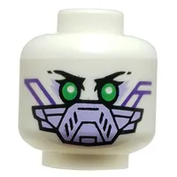 Minifig Head PIXAL, Green Eyes, Black Eyebrows, Dark Purple Circuitry, Smile / Lavender Breathing Mask