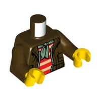 Torso Jacket, Open over Red and White Striped Shirt, Green Neckerchief / Shark and Clouds Print, Dark Brown Arms, Yellow Hands