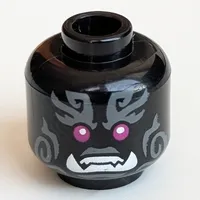 Minifig Head, Magenta Eyes, White Sharp Teeth, Fangs, Dark Bluish Gray Markings Print