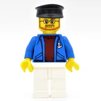 Sailor, Open Blue Jacket with Anchor over Dark Red Sweater, White Legs, Black Hat, Beard and Glasses