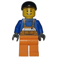 Construction Worker, Orange Overalls over Blue Sweater, Black Cap