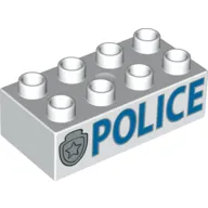 Duplo Brick 2 x 4 with 'POLICE' and Star Badge Silver Print