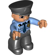 Duplo Figure with Police Style Hat Black, with Medium Blue Top with Pockets and Badge, Black Legs