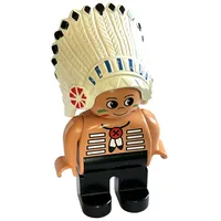 Duplo Figure, Early, Feather Headdress White, Brown Legs, Feather Necklace, Facepaint Print (Native American Chief)