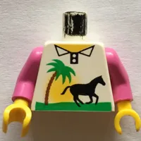 Torso Shirt with Horse, Tree, and Sunset Print, Dark Pink Arms, Yellow Hands