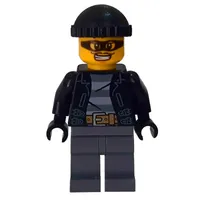 Criminal, Open Black Jacket over Prison Shirt, Dark Bluish Grey Legs, Black Hat, Black Eyemask