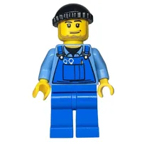 Man, Blue Overalls over Shirt, Blue Legs, Black Hat, Stubble