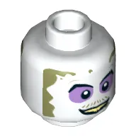 Minifig Head Beetlejuice, Dual Sided, Purple Eye Shadow, Dirt Around Face, Smile / Angry Print [Hollow Stud]