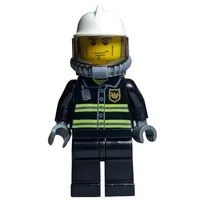 Fireman, Black Fire Jacket with Reflective Stripes, Radio, and Badge, White Helmet, Breathing Apparatus, Airtanks, Cheek Lines