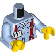 Torso, Shirt, Red Suspenders, White ID Badge print, Bright Light Blue Arms, Yellow Hands