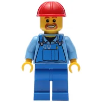 Construction Worker, Blue Overalls over Medium Blue Shirt, Red Hard Hat, Goatee Beard