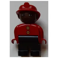 Duplo Figure, Early, Fire Helmet Red, Black Legs, Gold Buttons Print