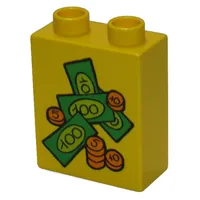 Duplo Brick 1 x 2 x 2 with Bills and Coins Print