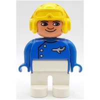 Duplo Figure, Early, Aviator Hat Yellow, White Legs, Buttons, Airplane, Turned Down Nose Paint