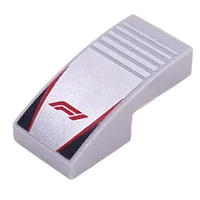 Slope Curved 2 x 1 No Studs with Red 'F1', Red Lines, Black Triangles on Silver Striped Background print