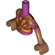 Minidoll Torso Girl with Armored Top with Dark Red and Gold Trim, Fire Icon Print, Medium Nougat Arms with Hands with Magenta Tattoo Print