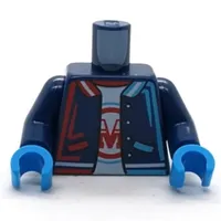 Torso, Jacket, Medium Azure/Red Trim, Collar, Pockets, White shirt with Red M in Red/Medium Azure Circle print, Dark Blue Arms, Dark Azure Hands