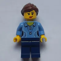 Woman, Medium Blue Polo Shirt with Necklace, Dark Blue Legs, Reddish Brown Ponytail