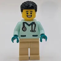 Vet, Light Aqua Shirt, Tan Legs, Black Hair