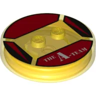 Function Brick Round 4 x 4 x 2/3 with 2 Studs and Red Triangles and 'THE A-TEAM' print