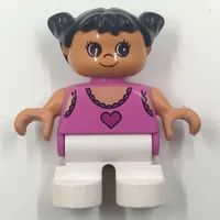 Duplo Figure, Early Child, with Pigtails Black, White Legs, Dark Pink Top with Heart Print